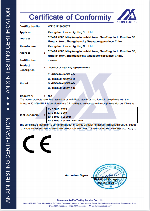 CE certification for high lumen UFO high bay light