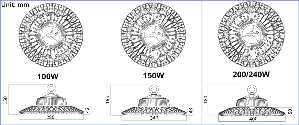 Product size for high lumen 150w 200w ufo led high bay light
