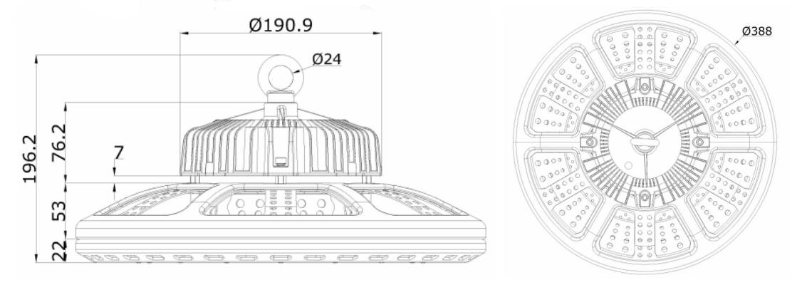 product size for 200W UFO LED high bay light