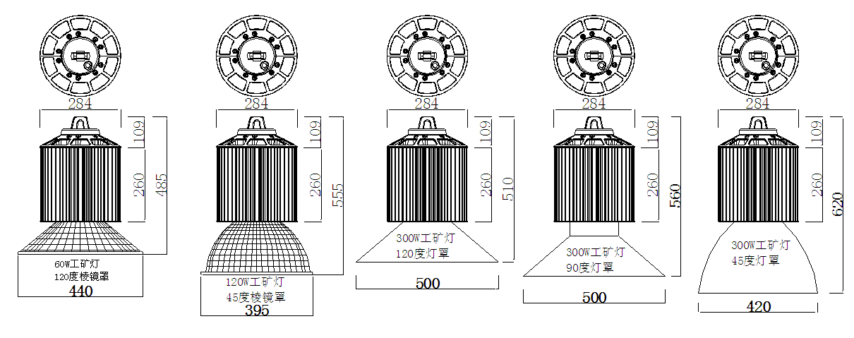 size for 300W commercial LED high bay lights