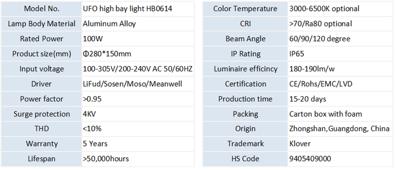 China factory wholesale 100W ufo led high bay light 