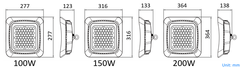 New design waterproof IP65 IK08 energy saving 100W 150W 200W UFO LED high bay light-product size