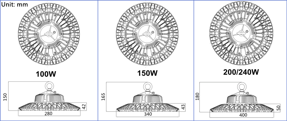 Product size for high lumen 150w 200w ufo led high bay light